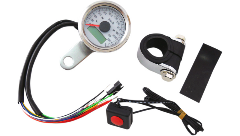 DRAG SPECIALTIES 1-7/8" Programmable Speedometer with Indicator Lights - Stainless Steel - Harley-Davidson '86-'03 - 220 KPH LED White Face - 77759WK