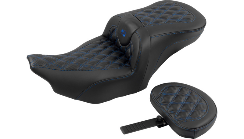 SADDLEMEN RoadSofa Seat - with Backrest - Carbon Fiber - Lattice Stitch - Blue Stitch - FLTR/FLHX '23-'25 - 823-07-206B1