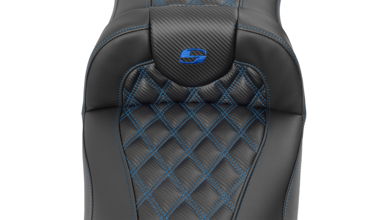 SADDLEMEN Roadsofa Extended Reach Seat - without Backrest - Lattice Stitch - Blue Stitch - FLTR/FLHX '23-'25 - 823-07-20701