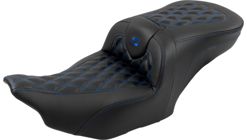 SADDLEMEN RoadSofa Seat - with Backrest - Carbon Fiber - Lattice Stitch - Blue Stitch - FLTR/FLHX '23-'25 - 823-07-206B1