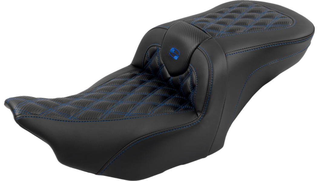 SADDLEMEN RoadSofa Seat - with Backrest - Carbon Fiber - Lattice Stitch - Blue Stitch - FLTR/FLHX '23-'24 - 823-07-206B1