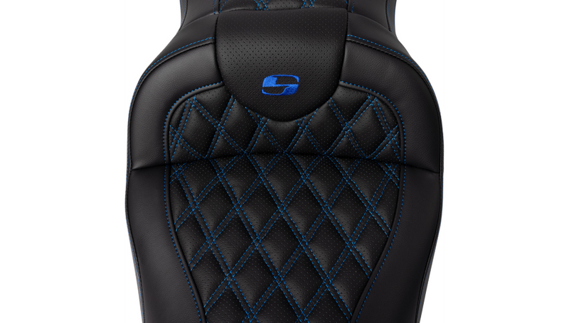 SADDLEMEN Roadsofa Seat - with Backrest - Blue Stitch - FL '08-'23 A808-07R-182BLU - PartsOutlet.com.au