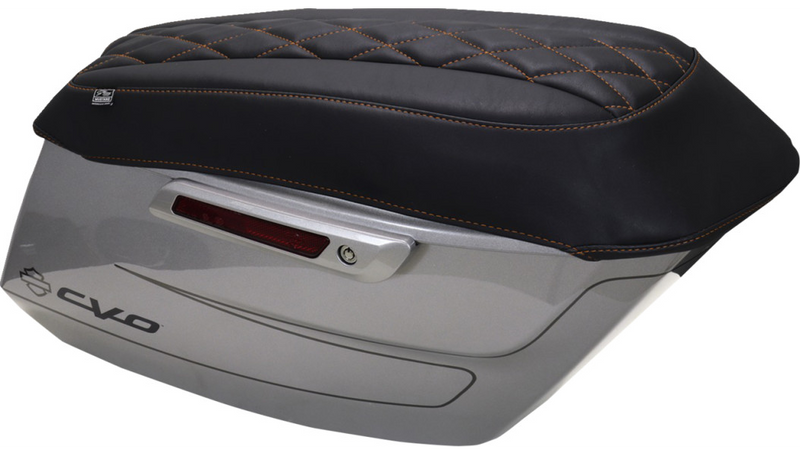 MUSTANG Deluxe Diamond Saddlebag Lid Cover - Black w/ Mandarin Orange Stitch - FLH/FLT '23-'25 - 88470MO