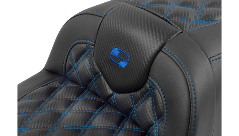 SADDLEMEN RoadSofa Seat - with Backrest - Carbon Fiber - Lattice Stitch - Blue Stitch - FLTR/FLHX '23-'25 - 823-07-206B1