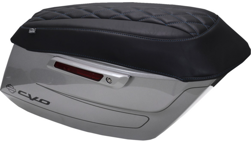 MUSTANG Deluxe Diamond Saddlebag Lid Cover - Black w/ Sky Blue Stitch - FLH/FLT '23-'25 - 88470SB