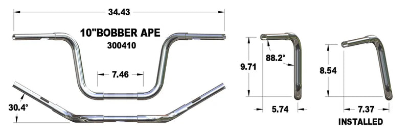 KHROME WERKS Handlebar - Ape Hanger - Bobber - 10" - Chrome - Harley-Davidson '84-'22 - 300410