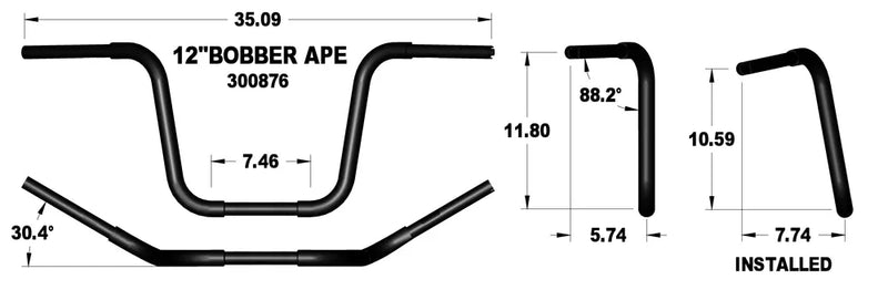 KHROME WERKS Handlebar - Ape Hanger - Bobber - 12" - Black - Harley-Davidson '84-'22 - 300876