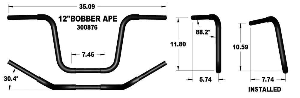 KHROME WERKS Handlebar - Ape Hanger - Bobber - 12" - Black - Harley-Davidson '84-'22 - 300876