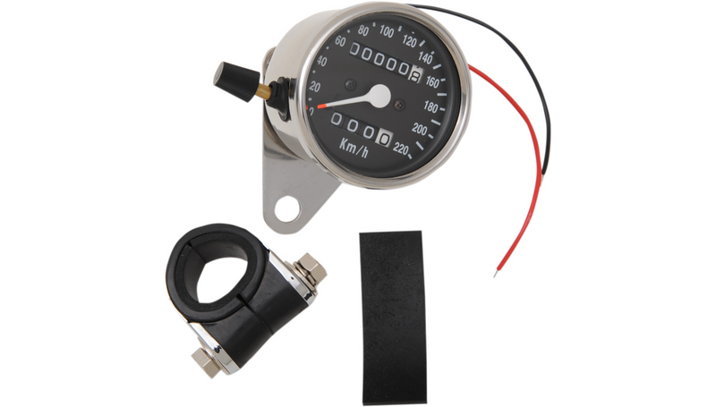 DRAG SPECIALTIES 2.4" KPH Mini LED Mechanical Speedometer/Indicators/Trip - Chrome Housing - Black Face - 2:1 - Harley-Davidson '48-'90 - 21-6817DS
