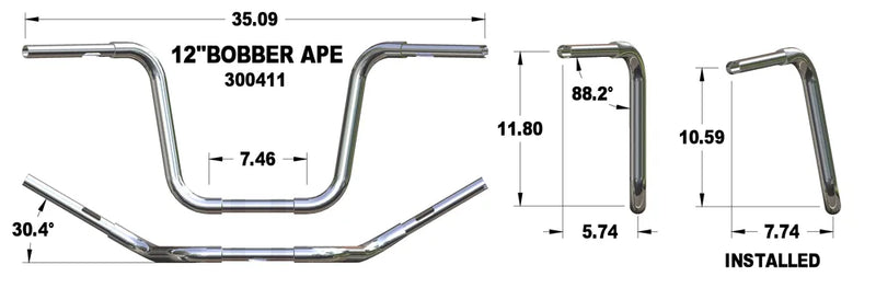KHROME WERKS Handlebar - Ape Hanger - Bobber - 12" - Chrome - Harley-Davidson '84-'22 - 300411