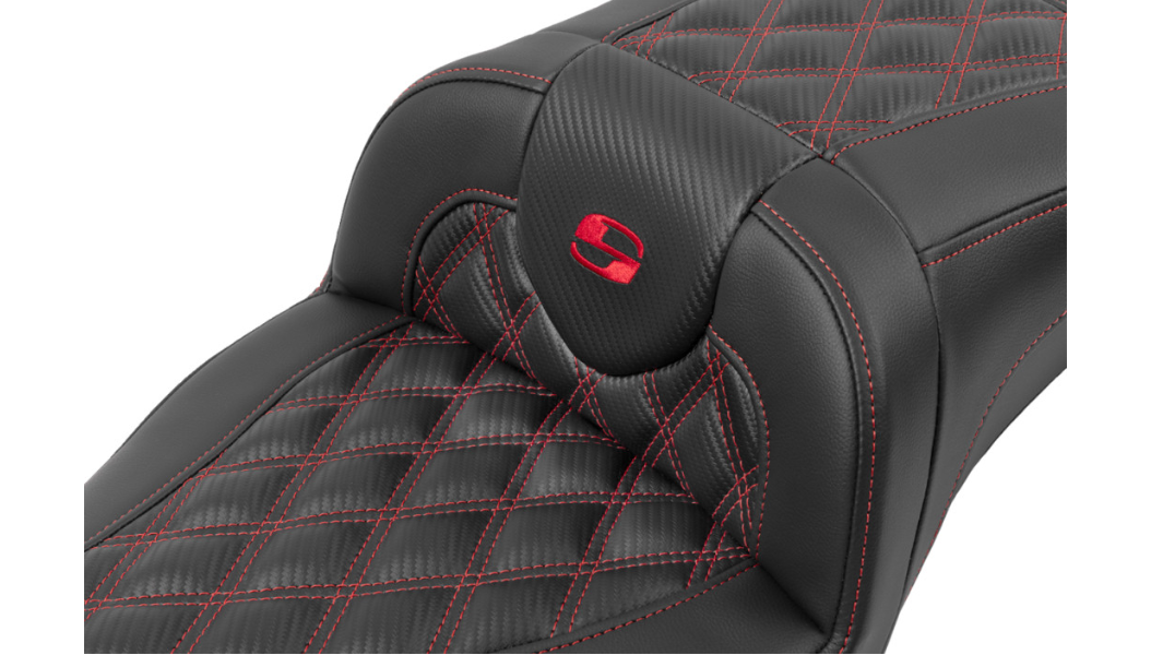 SADDLEMEN Roadsofa Extended Reach Seat - without Backrest - Lattice Stitch - Red Stitch - FLTR/FLHX '23-'24 - 823-07-20704