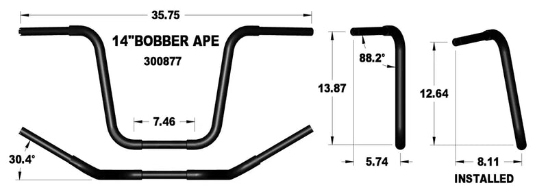 KHROME WERKS Handlebar - Ape Hanger - Bobber - 14" - Black - Harley-Davidson '84-'22 - 300877
