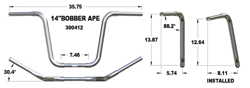 KHROME WERKS Handlebar - Ape Hanger - Bobber - 14" - Chrome - Harley-Davidson '84-'22 - 300412