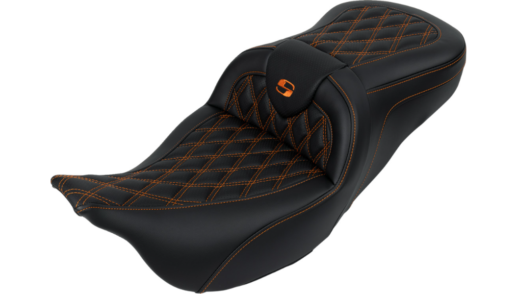 SADDLEMEN Roadsofa Seat - with Backrest - Orange Stitch - FL '08-'23 A808-07R-182ORA - PartsOutlet.com.au