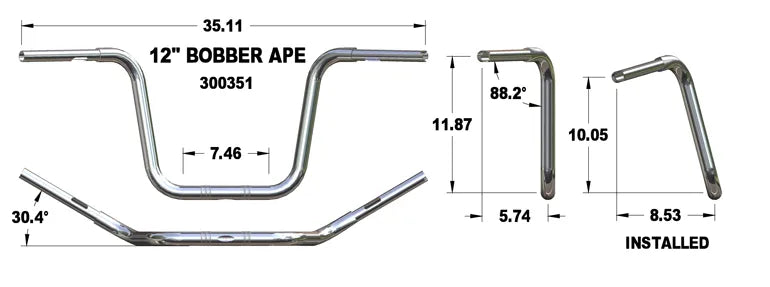 KHROME WERKS Handlebar - Ape Hanger - 12" - Chrome - Harley-Davidson '07-'18 - 300351