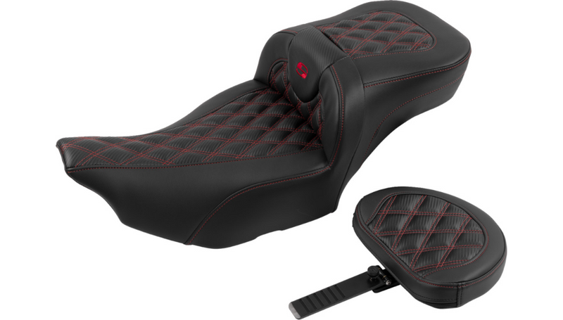 SADDLEMEN Roadsofa Extended Reach Seat - with Backrest - Lattice Stitch w/ Carbon - Red Stitch - FLTR/FLHX '23-'25 - 823-07-207B4