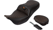SADDLEMEN RoadSofa Seat - Honeycomb - Orange Stitch - with Backrest - FLH/FLT '08-'23 - A808-07R-189ORA - PartsOutlet.com.au