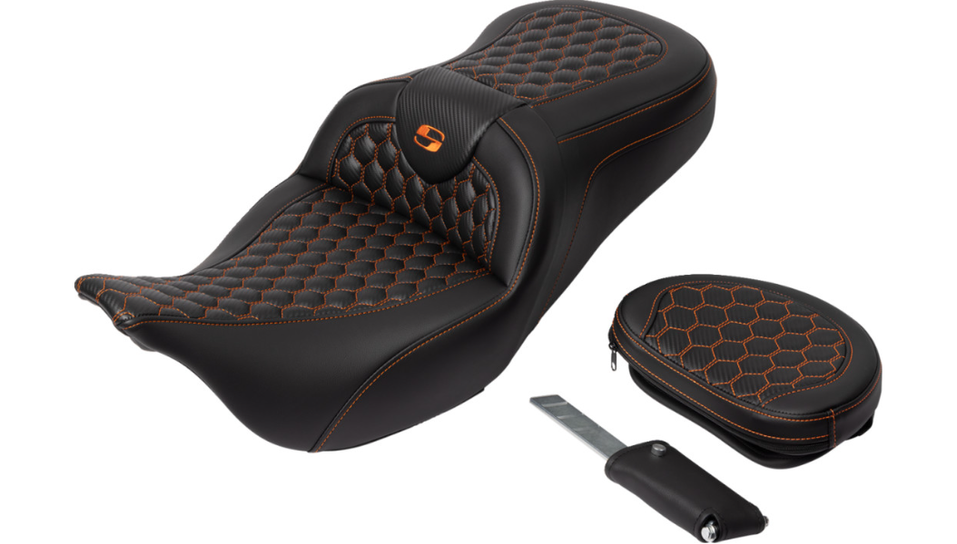 SADDLEMEN RoadSofa Seat - Honeycomb - Orange Stitch - with Backrest - FLH/FLT '08-'23 - A808-07R-189ORA - PartsOutlet.com.au