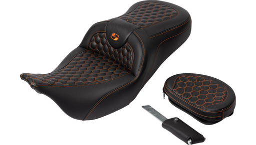 SADDLEMEN RoadSofa Seat - Honeycomb - Orange Stitch - with Backrest - FLH/FLT '08-'23 - A808-07R-189ORA - PartsOutlet.com.au