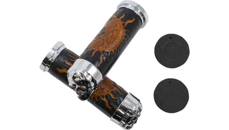 DRAG SPECIALTIES Grips - Skull Grips - Red Eyes - Harley-Davidson 1980-2022 - Chrome 17-0505CDTS - PartsOutlet.com.au