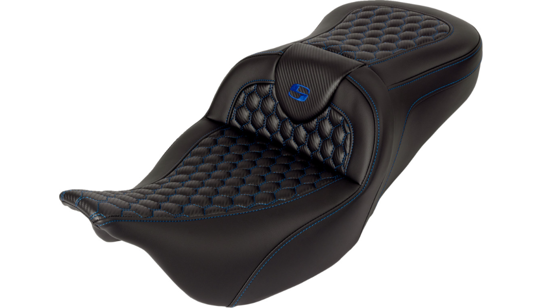 SADDLEMEN RoadSofa Seat - Honeycomb - Blue Stitch - with Backrest - FLH/FLT '08-'23 A808-07R-189BLU - PartsOutlet.com.au