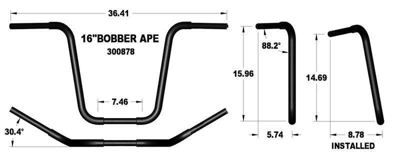 KHROME WERKS Handlebar - Ape Hanger - Bobber - 16" - Black - Harley-Davidson '84-'22 - 300878