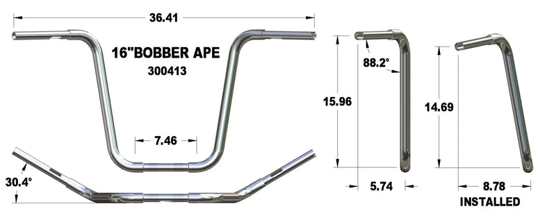 KHROME WERKS Handlebar - Ape Hanger - Bobber - 16" - Chrome - Harley-Davidson '84-'22 - 300413