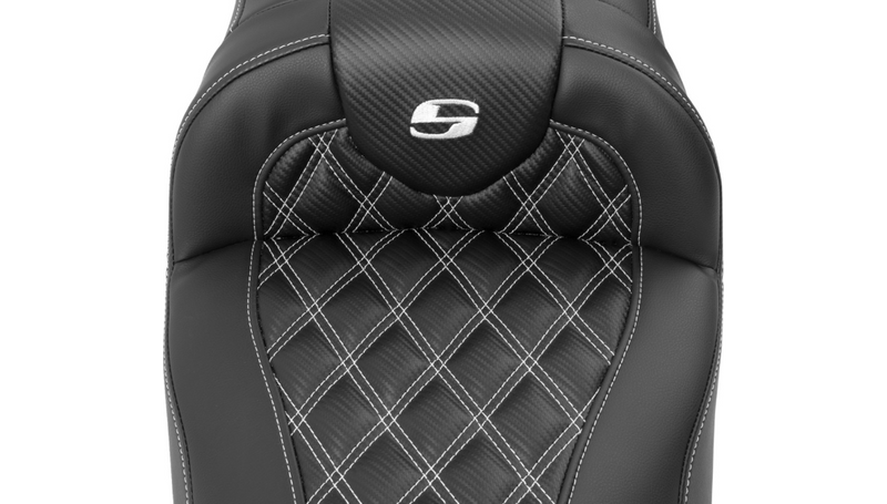 SADDLEMEN Roadsofa Extended Reach Seat - without Backrest - Lattice Stitch - White Stitch - FLTR/FLHX '23-'25 - 823-07-20706