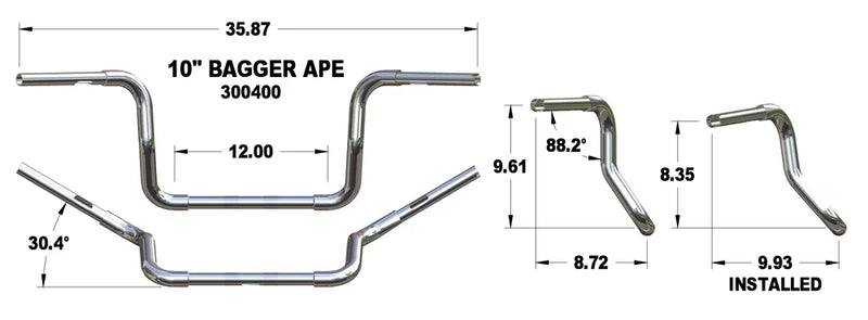 KHROME WERKS Handlebar - Ape Hanger - Bobber - TBW - 10" - Chrome - FL '96-'22 - 300400
