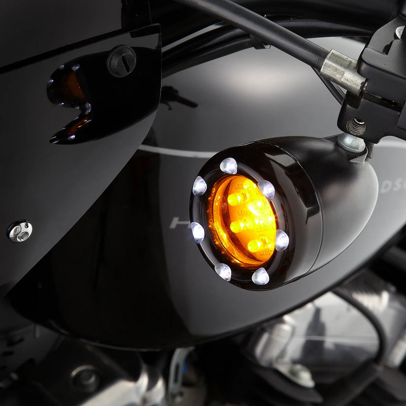 ARLEN NESS FIRE RING LED KITS FOR FACTORY TURN SIGNALS, BLACK - AMBER LENS / WHITE RING - 12-759 - PartsOutlet.com.au
