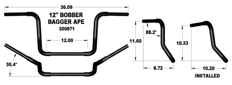 KHROME WERKS Handlebar - Ape Hanger - Bobber - TBW - 12" - Black - FL '96-'22 - 300871