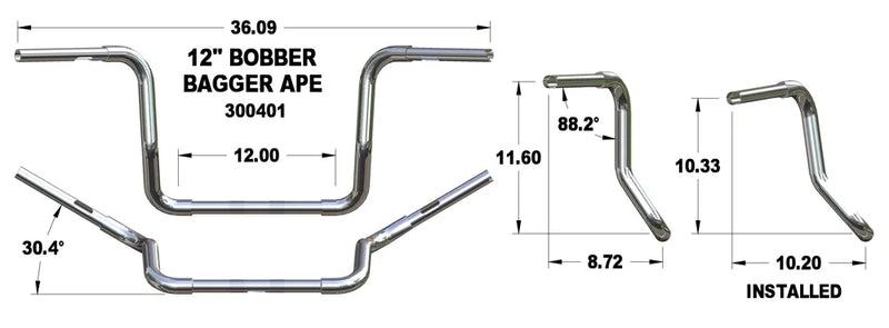 KHROME WERKS Handlebar - Ape Hanger - Bobber - TBW - 12" - Chrome - FL '96-'22 - 300401