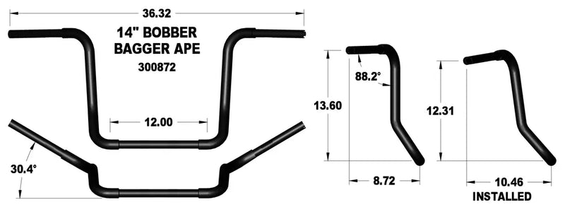 KHROME WERKS Handlebar - Ape Hanger - Bobber - TBW - 14" - Black - FL '96-'22 - 300872
