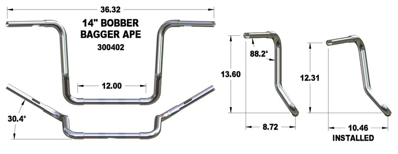 KHROME WERKS Handlebar - Ape Hanger - Bobber - TBW - 14" - Chrome - FL '96-'22 - 300402