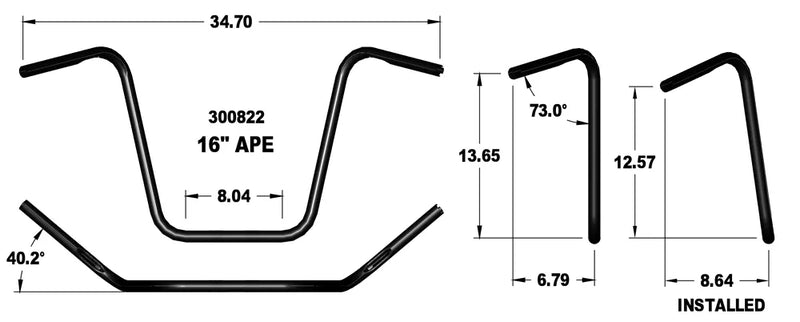 KHROME WERKS Handlebar - Ape Hanger - TBW - 16" - Black - Harley-Davidson '82-'22 - 300822
