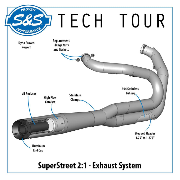 S&S CYCLE SUPERSTREET 2-1 for STANDARD CHASSIS M8 SOFTAIL® MODELS—Stainless Steel - 550-0996B