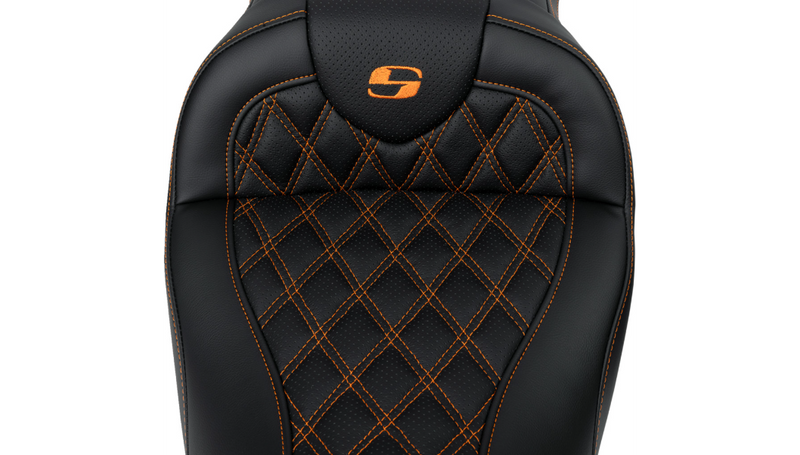SADDLEMEN Roadsofa Seat - with Backrest - Orange Stitch - FL '08-'23 A808-07R-182ORA - PartsOutlet.com.au