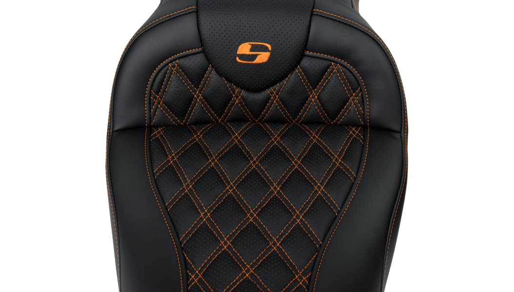 SADDLEMEN Roadsofa Seat - with Backrest - Orange Stitch - FL '08-'23 A808-07R-182ORA - PartsOutlet.com.au