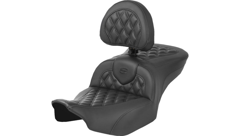 SADDLEMEN Heated Roadsofa Seat - Carbon Fiber - Lattice Stitch - w/ Backrest - FLT/FLH '23-'25 - 823-07-206C0