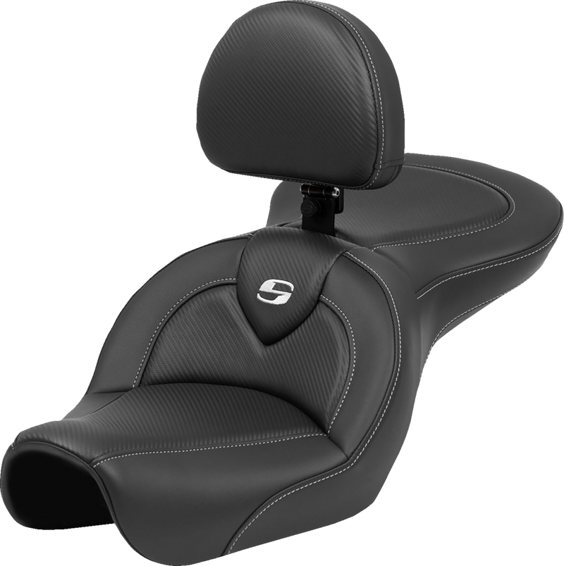 SADDLEMEN Roadsofa Seat - Carbon Fiber - Black Stitch - with Backrest - FXD '04-'05 - 804-04-185BR - PartsOutlet.com.au