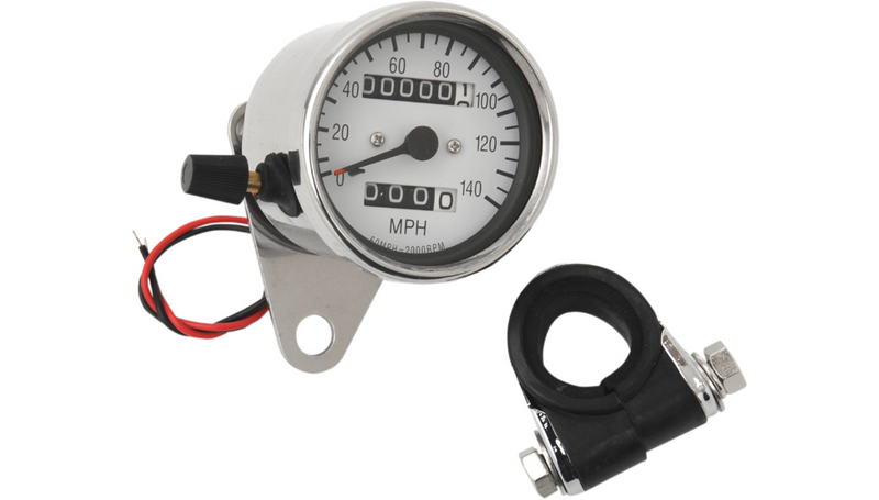 DRAG SPECIALTIES 2.4" MPH Mini LED Mechanical Speedometer/Indicators/Trip - Chrome Housing - White Face - 2:1 - Harley-Davidson '48-'90 - 21-6835-BX15