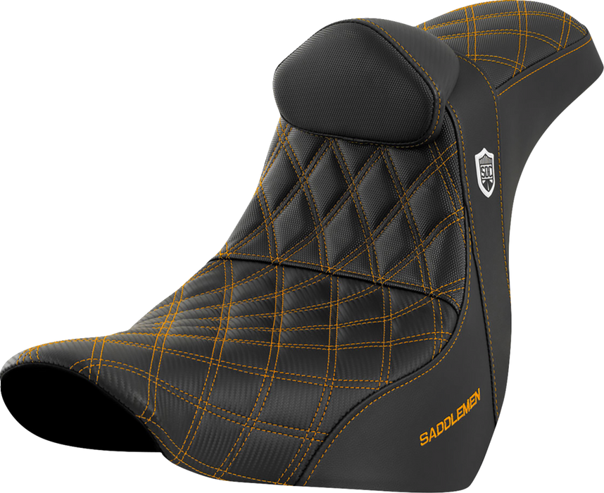 SADDLEMEN Pro Series SDC Performance Seat - with Backrest - Gold Stitch - FL/FX '18-'23 - SC81829GOLRT - PartsOutlet.com.au