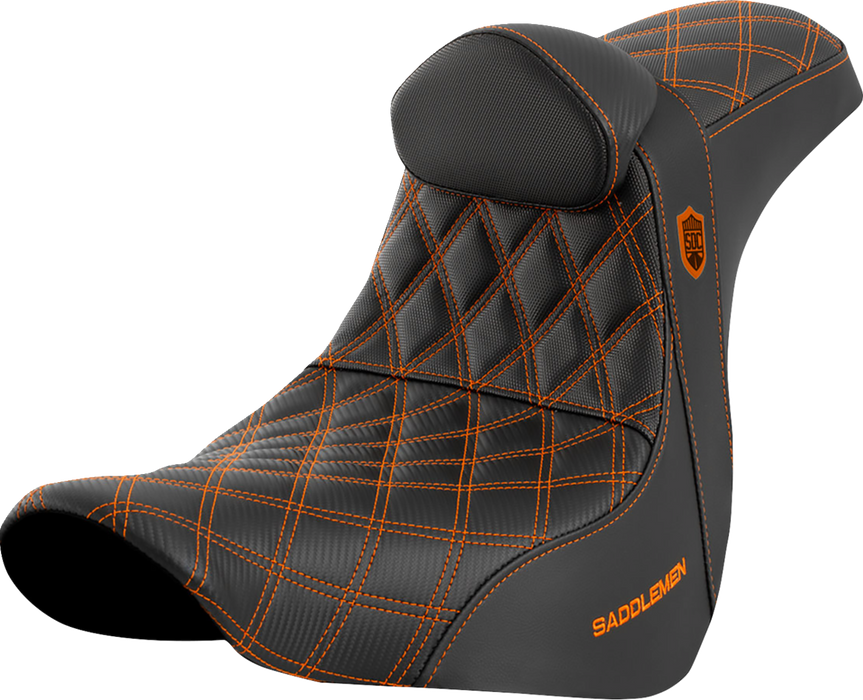 SADDLEMEN Pro Series SDC Performance Seat - with Backrest - Orange Stitch - FL/FX '18-'24 - SC81829ORART - PartsOutlet.com.au