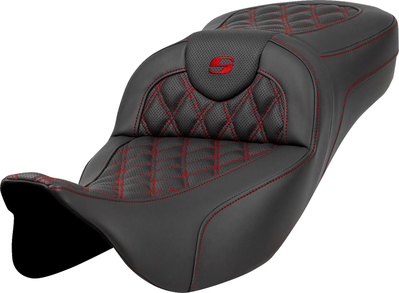SADDLEMEN Extended Reach Roadsofa Seat - Lattice Stitch - Red Stitch - without Backrest - FL '08-'23 - A808-07B-184RED - PartsOutlet.com.au
