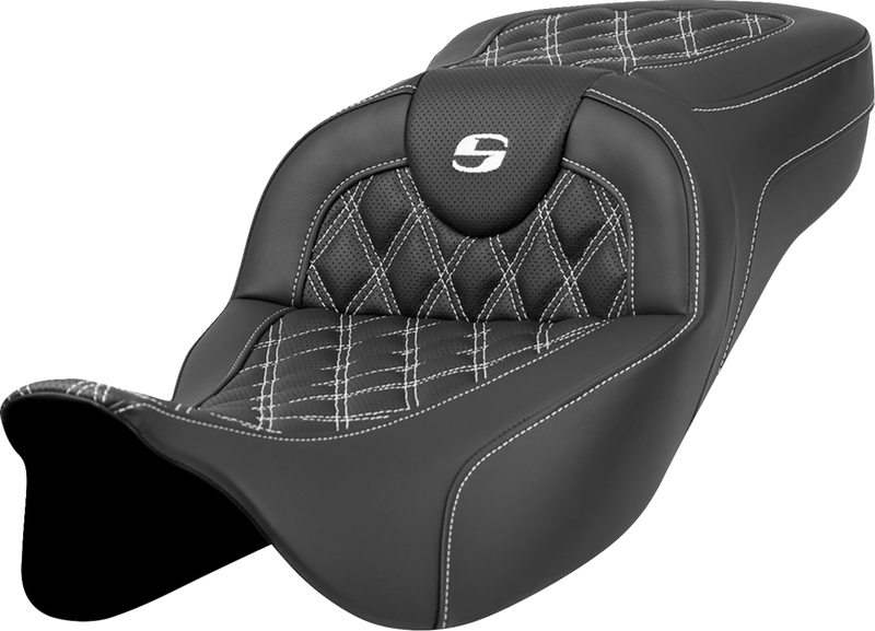 SADDLEMEN Extended Reach Roadsofa Seat - Lattice Stitch - White Stitch - without Backrest - FL '08-'23 - A808-07B-184WHI - PartsOutlet.com.au