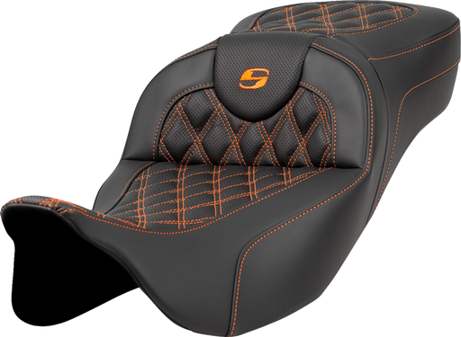 SADDLEMEN Extended Reach Roadsofa Seat - Lattice Stitch - Orange Stitch - without Backrest - FL '08-'23 - A808-07B-184ORA - PartsOutlet.com.au