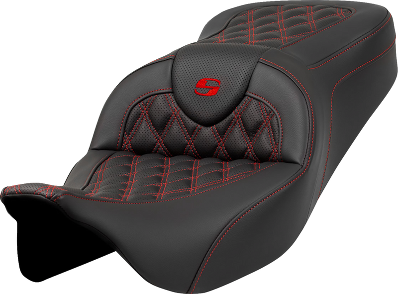 SADDLEMEN Roadsofa Seat - Lattice Stitch - Red Stitch - without Backrest - FLH/FLT '08-'23 - A808-07B-182RED - PartsOutlet.com.au