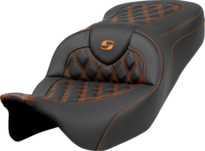 SADDLEMEN Roadsofa Seat - Lattice Stitch - Orange Stitch - without Backrest - FLH/FLT '08-'23 - A808-07B-182ORA - PartsOutlet.com.au