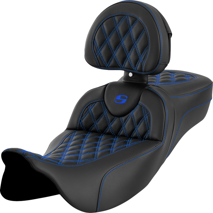 SADDLEMEN Roadsofa Seat - with Backrest - Blue Stitch - FL '08-'23 A808-07R-182BLU - PartsOutlet.com.au