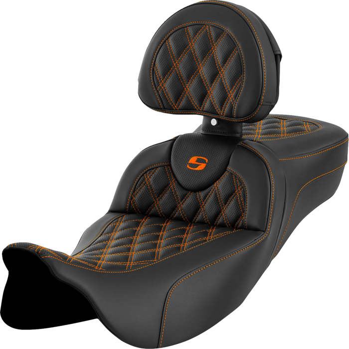 SADDLEMEN Roadsofa Seat - with Backrest - Orange Stitch - FL '08-'23 A808-07R-182ORA - PartsOutlet.com.au